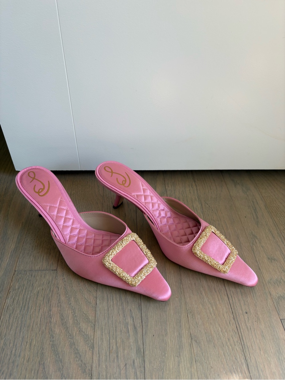 Sam Edelman Pink Satin Pointed Mules with Gold Buckle